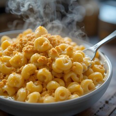 Mac and Cheese - A steaming dish of creamy macaroni pasta swimming in melted cheddar cheese, topped with breadcrumbs.