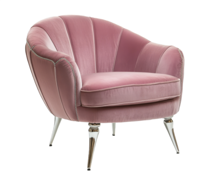 A luxurious pink armchair showcases a chic and contemporary design with a soft curved backrest. Its glossy legs add a touch of sophistication, making it perfect for a stylish room