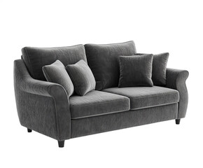 Fototapeta premium A stylish gray sofa features several plush cushions, creating an inviting atmosphere in a well-lit living room. The modern design complements various interior styles while offering comfort