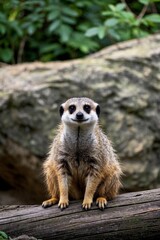 there is a small meerkat sitting on a log in the woods