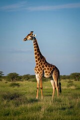 Obraz premium there is a giraffe standing in a field of grass with trees in the background