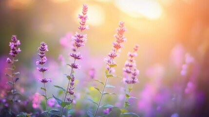 Naklejka premium Soft Purple Blossoms at Sunset in a Tranquil Nature Scene
