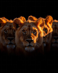 Fototapeta premium Dramatic portrait photograph of social lions gathered together, presented in socialist realism