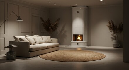 Cozy Living Room Interior with Fireplace, Sofa, and Round Rug