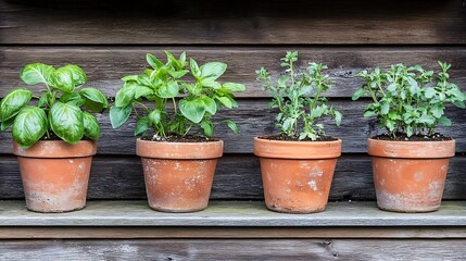 Fototapeta premium Potted Basil and Rosemary Plants on a Wooden Shelf / 木製の棚に置かれた鉢植えのバジルとローズマリー