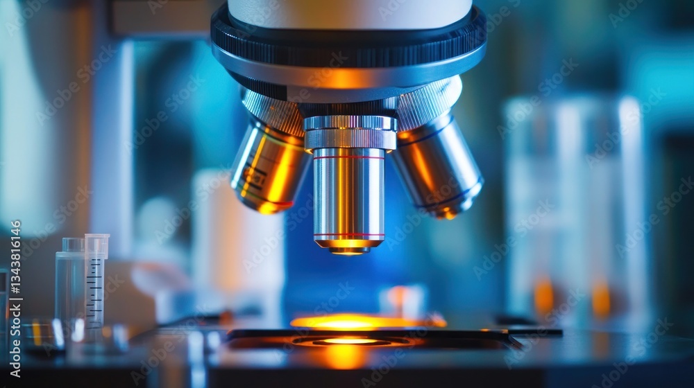 Poster close-up of a microscope with illuminated slide in a laboratory setting