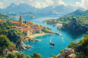 Naklejka premium Scenic Aerial View of Port de Soller Majorca with Turquoise Waters and Lush Hills