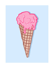 Hand-drawn Vector Illustration of a Melting Pink Ice Cream Cone