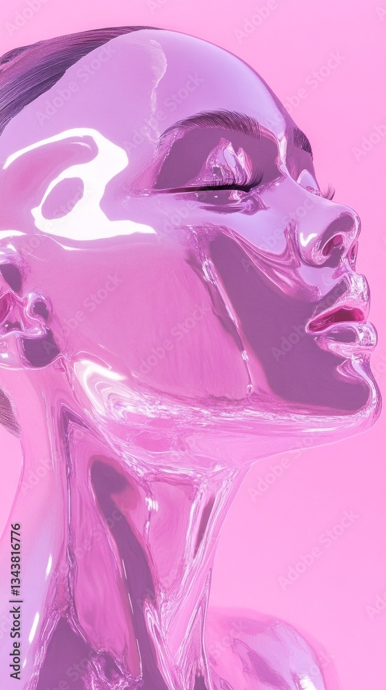 Poster a stunning figure with a glossy, reflective surface stands out against a soft pink background, captu