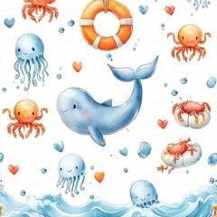 Whale Crab Jellyfish Waves Lifebuoy Watercolor Seamless Pattern with Cute Cartoon Animals