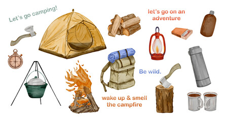 
Camping equipment.Adventure, tourists tools. Tent, backpack, campimg pot, campfire, lamp, thermos, cups, compass, flask,axe,firewood.Quotes.Watercolor illustrations isolated on transparent background