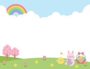 Landscape background with Easter concept. There are clouds and a rainbow in the sky, flowers and cherry blossoms are blooming on the hill, and there are cute rabbits, chicks, and a basket of eggs.