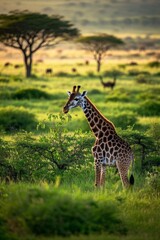there is a giraffe standing in the middle of a field
