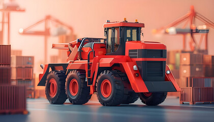 Forklift in a modern warehouse. A modern warehouse interior with an industrial loader at its center and towering storage racks lined with crates and boxes