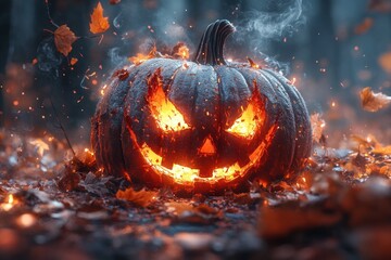 Halloween Autumn Night Scene with Glowing Jack-o'-lanterns, Pumpkins, and Fallen Leaves