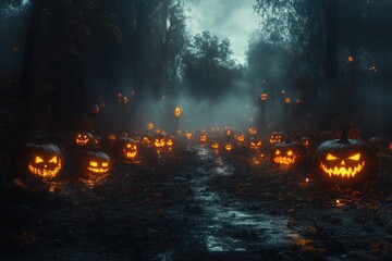 Spooky Halloween Pumpkins Glowing in Dark Forest with Carved Faces
