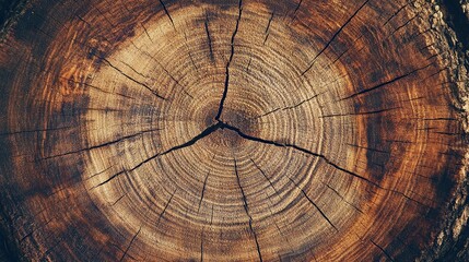 Fototapeta premium Close-up of ancient tree trunk cross-section with distinct wood rings and cracks, embodying age and resilience. Textured, warm-toned rustic beauty for home decor design.
