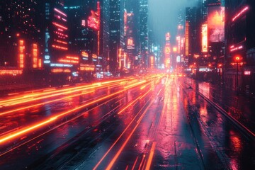 Fototapeta premium Neon Cyberpunk Cityscape Glowing Lines Dynamic Design Retro Aesthetic