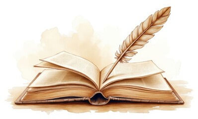 Open book with quill pen on a soft background