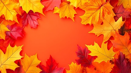 Colorful autumn leaves arranged around a bright orange background