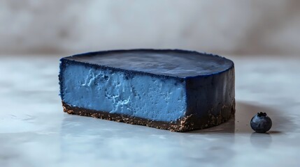 A blueberry cheesecake is cut in half and placed on a white table