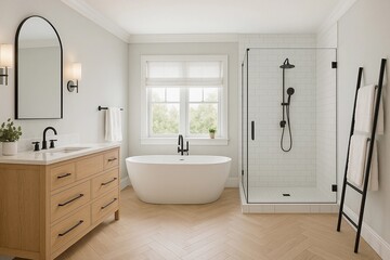 Widescreen photo of a bathroom in light, natural tones. Spacious room with a freestanding bathtub, wooden vanity, stylish shower and large windows
