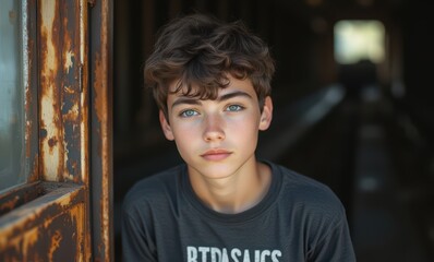 Pensive young boy with blue eyes