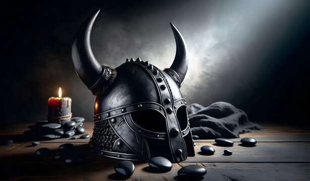 Der Helm eines Wikinger-Kriegers, schwarzer Stein, isoliert, Hintergrund, copy space