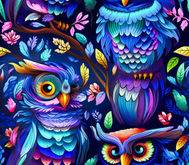 Fototapeta premium Purple, pink, blue owl nature background. Seamless pattern. Modern for design background.