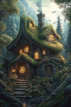 Magical Cottage in Fantasy Forest Surrounded by Lush Pines and Glowing Lights