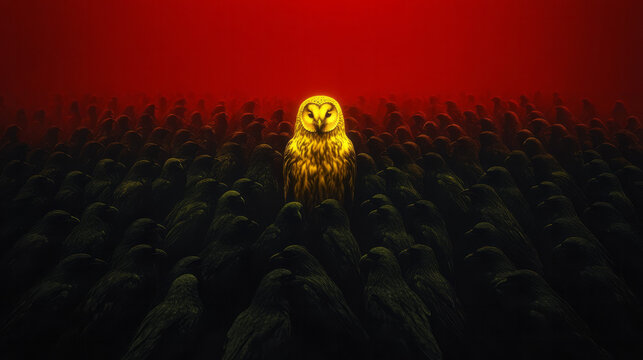 A golden owl in a parliament of dark ravens, glowing softly, surreal animal photography emphasizing