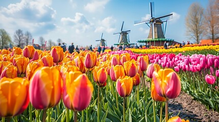 Vibrant tulip fields meet historic windmills under a vibrant blue sky, showcasing a Dutch springtime scene. Tourists wander amidst colorful tulips in a picturesque landscape