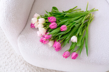  Romantic Bouquet of Tulips on White Chair