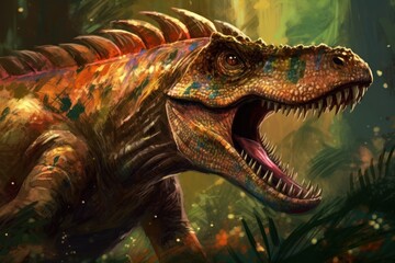 Spinosaurus Dinosaur Digital Painting Illustration in Prehistoric Jungle