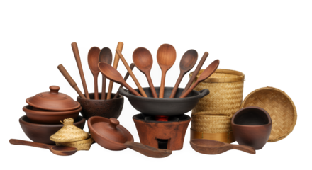 Rustic Wooden Spoons Clay Pots and Woven Baskets on Transparent Background
