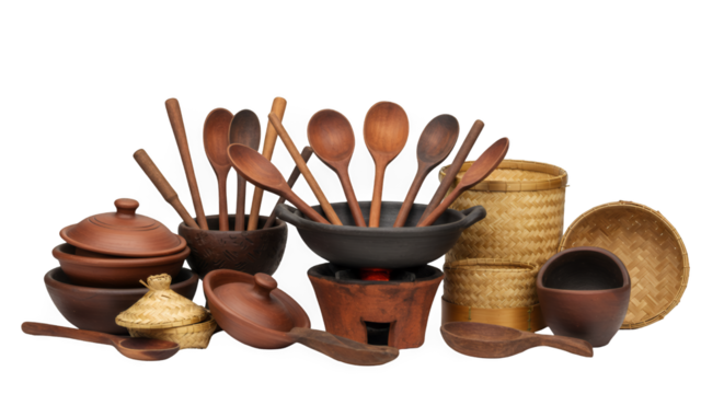 Rustic Wooden Spoons Clay Pots and Woven Baskets on Transparent Background