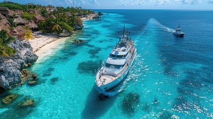 A luxurious yacht sailing through crystal-clear turquoise waters near a tropical beach