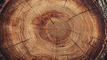 Fototapeta premium Close-up of ancient tree trunk cross-section with distinct wood rings and cracks, embodying age and resilience. Textured, warm-toned rustic beauty for home decor design.