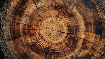 Fototapeta premium Close-up of ancient tree trunk cross-section with distinct wood rings and cracks, embodying age and resilience. Textured, warm-toned rustic beauty for home decor design.