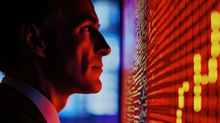 A businessman analyzing stock market trends on a digital screen