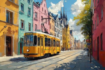 Fototapeta premium Vibrant European Street Scene with Colorful Houses and Classic Tram in Porto Portugal