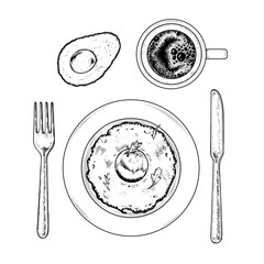 Top view vector illustration of a breakfast scene featuring coffee, fried eggs, and avocado. Hand drawn black and white sketch with detailed line art. Perfect for culinary, diet, and kitchen designs