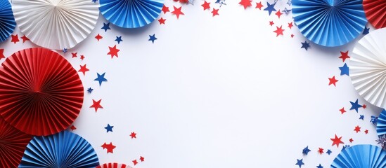 Festive patriotic themed decorations with stars and paper fans.