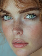 Obraz premium Close-Up Portrait of a Young Woman in Natural Light with Soft Expression and Pastel Colors