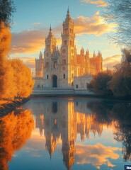 Obraz premium Gothic Cathedral by the Riverside at Sunset in Majorca Spain
