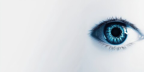 Close-up of a vibrant blue eye on a white background.