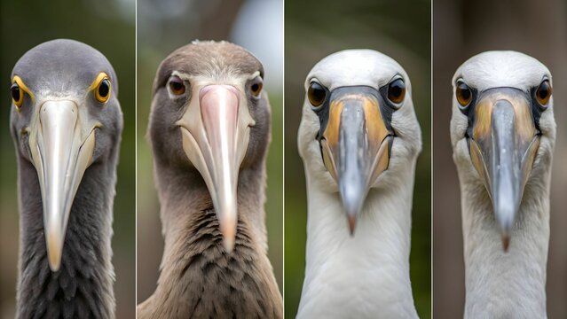 evolutionary biology concept Four storks in various stages of maturity, showcasing different plumage and features.