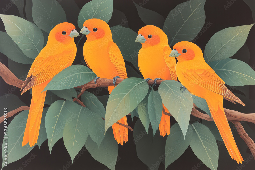 Aufkleber a hyper-realistic lithograph of four golden orioles resting on a twisted vine, enveloped by dense