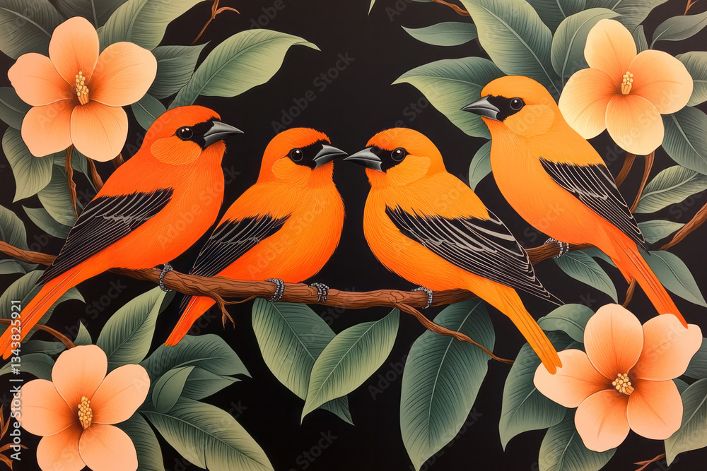 Aufkleber a hyper-realistic lithograph of four golden orioles resting on a twisted vine, enveloped by dense