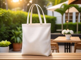 A white tote bag sits on a wooden bench, with a table and chairs in the background, and a potted plant nearby.